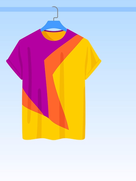 T-shirt luminosa su un appendiabiti, sfondo colorato per poster pubblicitario