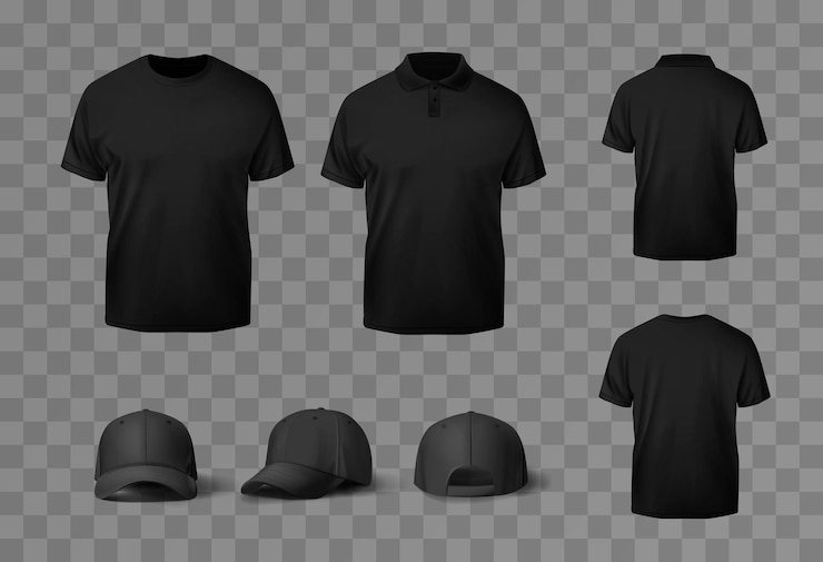 Vettore t-shirt nere realistiche e cappelli da baseball neri mock up nessun modello di camicia a maniche per i disegni