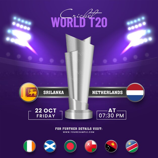 T20 World Cricket Match tra Sri Lanka VS Paesi Bassi con altri paesi partecipanti e Coppa del trofeo d'argento 3D su sfondo viola dello stadio.