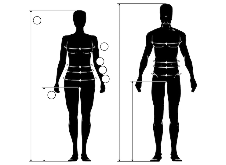 Vettore tabella di dimensioni di abbigliamento unisex figure di moda illustrazione di design vettoriale