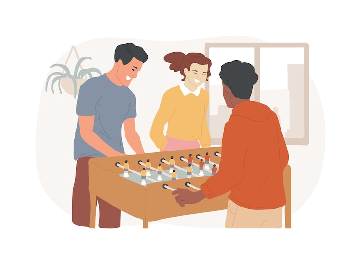 Vettore table soccer divertimento isolato cartone animato illustrazioni vettoriali gruppo di persone diverse giocano a table soccer in