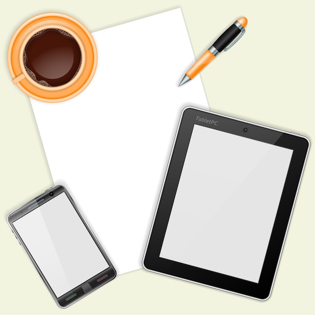 tablet, con fogli bianchi, smartphone e tazza di caffè