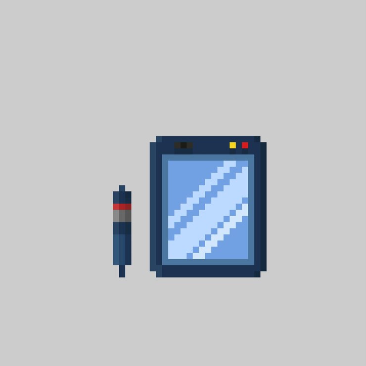 tablet con stilo in stile pixel art