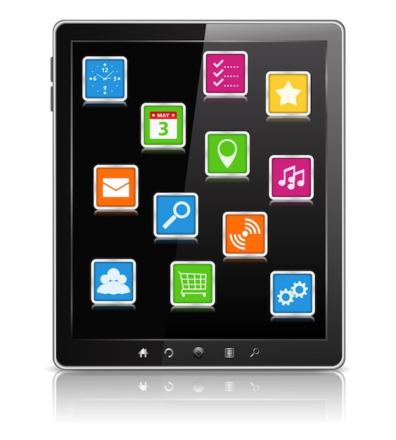 Tablet PC con icone sullo schermo, illustrazione