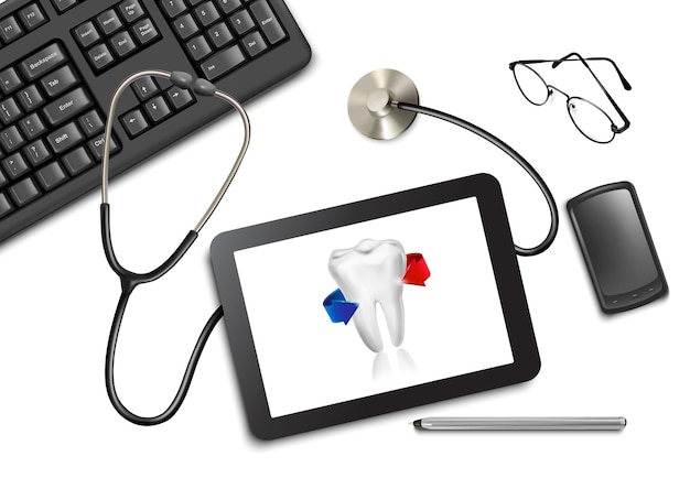 Tablet touch pad e forniture per ufficio sul tavolo dal medico.