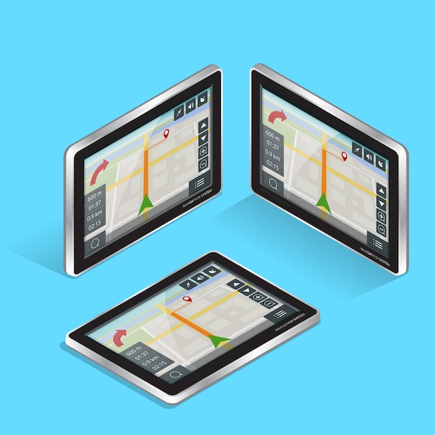 Tablet touch screen di navigazione gps di geolocalizzazione. Navigazione GPS mobile. Tablet PC. Concetto di tecnologie mobili. Illustrazione isometrica vettoriale 3d piatta