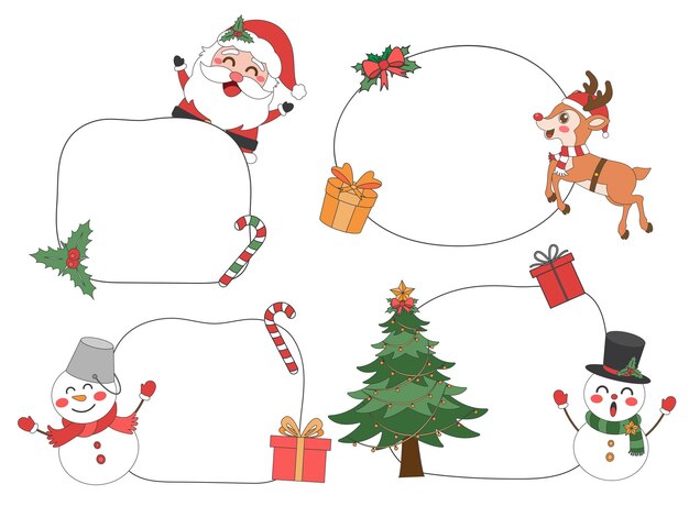 Tag di Natale carino con elementi di Natale tema di Natale linea d'arte doodle illustrazione di cartoni animati Buon Natale