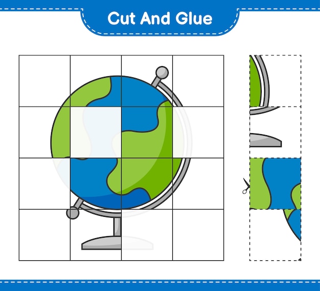 Taglia e incolla, taglia parti di Globe e incollale. Gioco educativo per bambini, foglio di lavoro stampabile, illustrazione vettoriale
