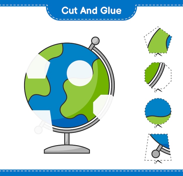 Taglia e incolla, taglia parti di Globe e incollale. Gioco educativo per bambini, foglio di lavoro stampabile, illustrazione vettoriale