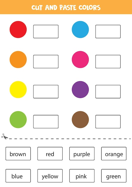 Taglia i nomi dei colori e incollali. Foglio di lavoro per bambini.