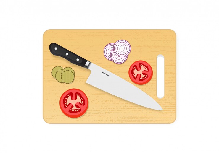 Tagliere o tagliere in legno con coltello da chef
