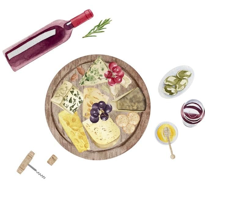 Vettore tagliere per formaggi ad acquerello per logo. assortimento di formaggi con noci vino miele. composizione del piatto di formaggi