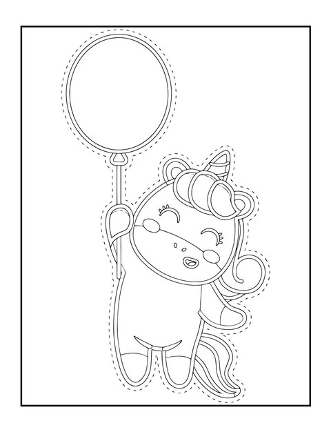 Taglio di forbici a unicorno Colorazione pagina in bianco e nero per illustrazioni di libri per bambini