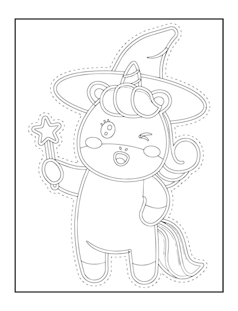 Taglio di forbici a unicorno Colorazione pagina in bianco e nero per illustrazioni di libri per bambini
