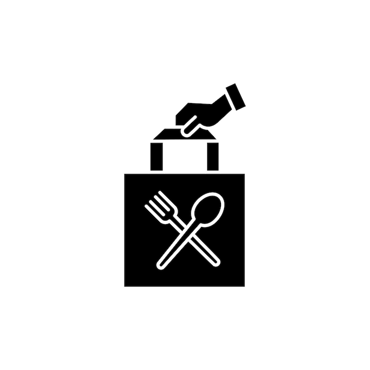 Vettore take away food icon set takeout mano e cibo simbolo vettoriale in un nero riempito e delineato stile fast meals sign