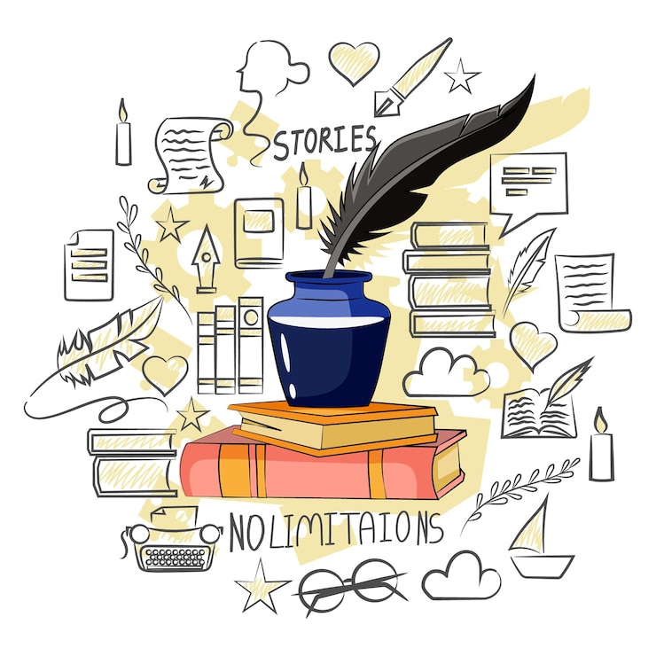 Vettore talento personale creativo scrittura letteraria e poetica libri inchiostro e penna concetto di creazione di romanzi racconti brevi giochi in diversi generi disegno intorno illustrazione vettoriale