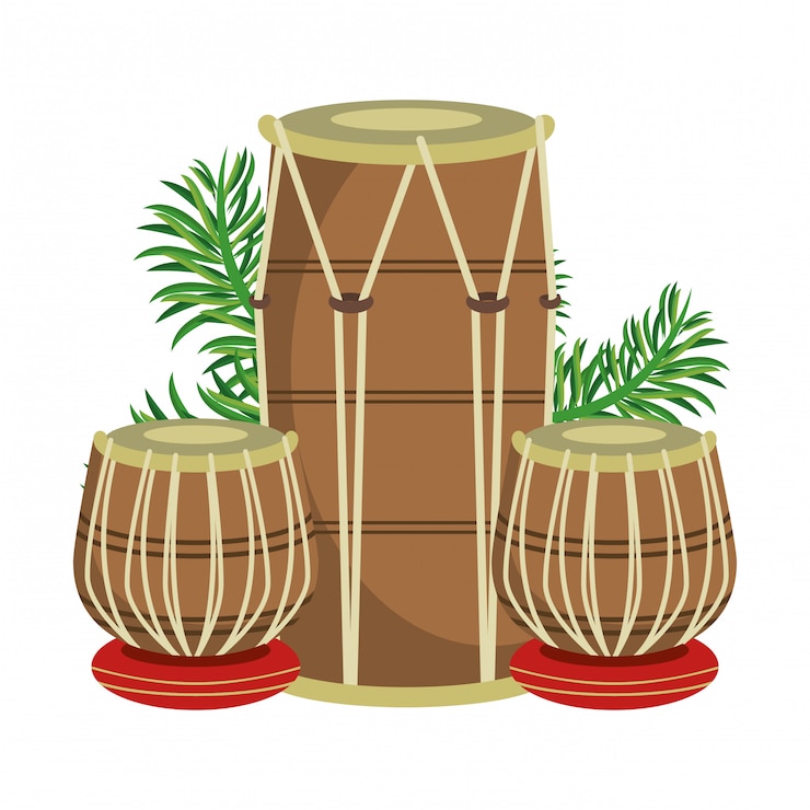 Vettore tamburi indiani tabla con foglie