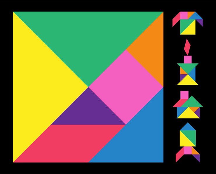 Vettore tangram puzzle di dissezione cinese set di carte per lo sviluppo del talento