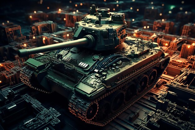 Tank militare rosso metallico su sfondo di illuminazione flash bianco-nero Immagine concettuale della forza del potere