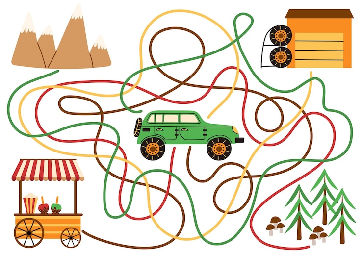 Vettore tappetino da gioco per bambini con suv labirinto vettoriale con garage foresta montagne