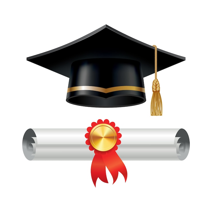 Vettore tappo di laurea e rotolo di diploma arrotolato con timbro. termina il concetto di educazione.