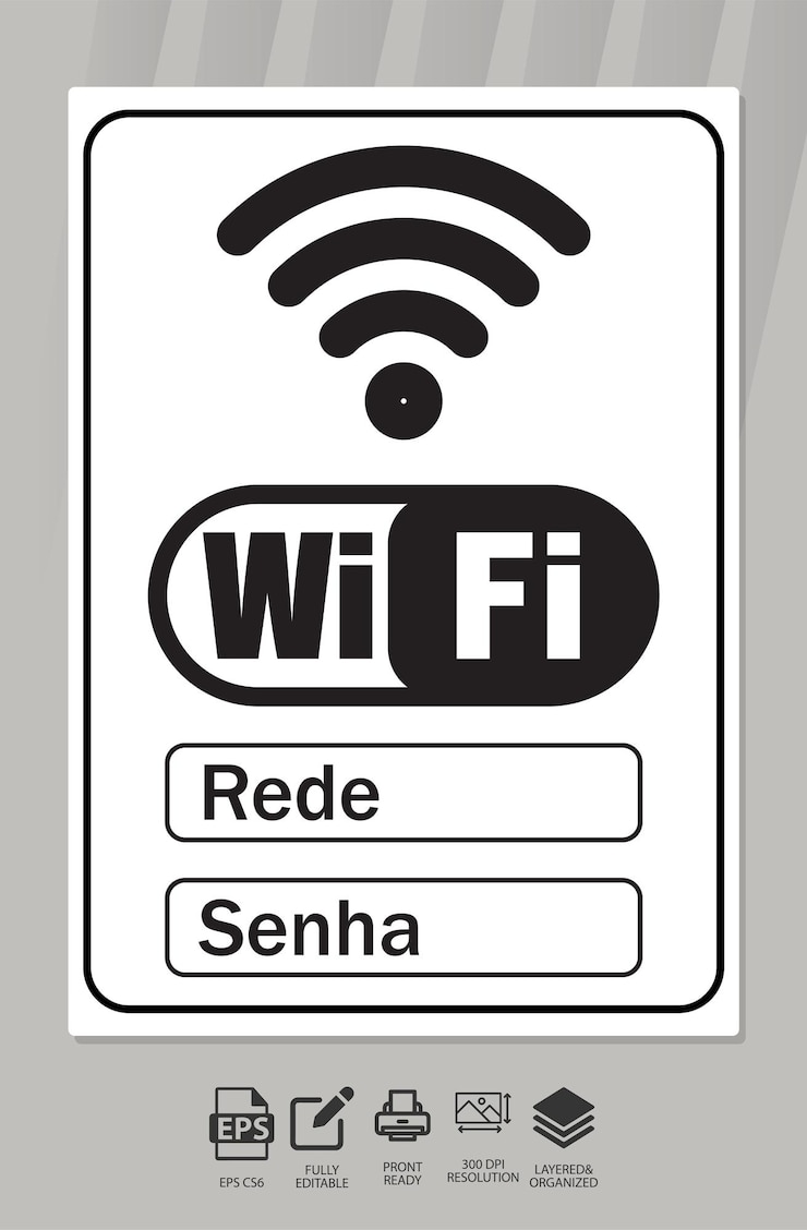 Vettore targa vettoriale per la stampa della rete wifi e della password in portoghese brasiliano