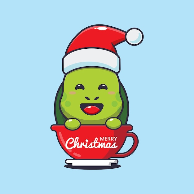 Tartaruga carina che indossa il cappello di Babbo Natale in tazza. Illustrazione sveglia del fumetto di natale.