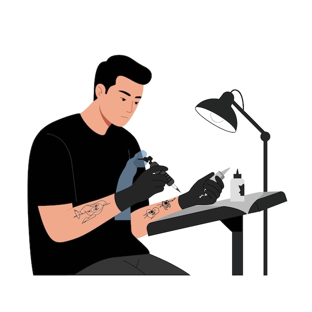Tattoo artist creating intricate designs in minimal style vector art