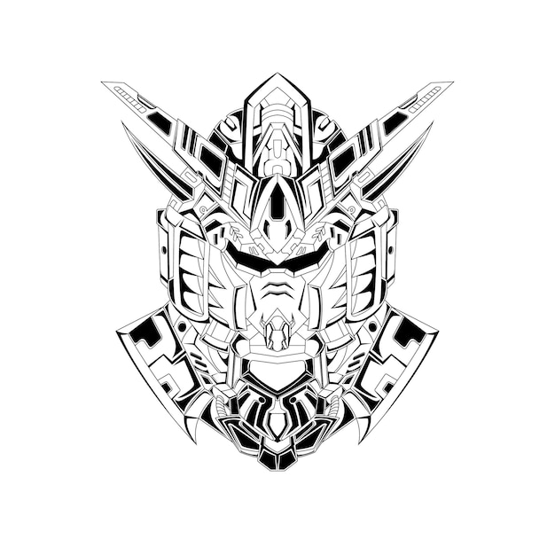 Tatuaggi robotici di mecha gundam dell'illustrazione disegnata a mano in bianco e nero