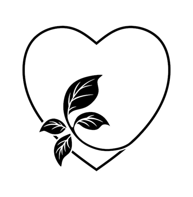 Tatuaggio cornice cuore nero con silhouette foglie. Icona logo cibo biologico. Etichetta sana, logo, ba
