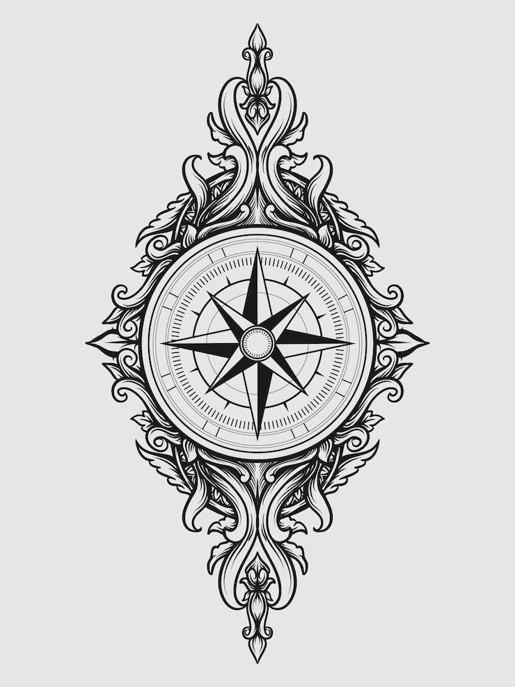Vettore tatuaggio e t-shirt design bussola incisione ornamento