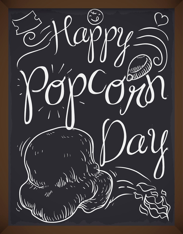 Vettore tavola nera con delizioso disegno di mais scoppiato e graziosi scarabocchi che ti augurano un buon giorno di popcorn