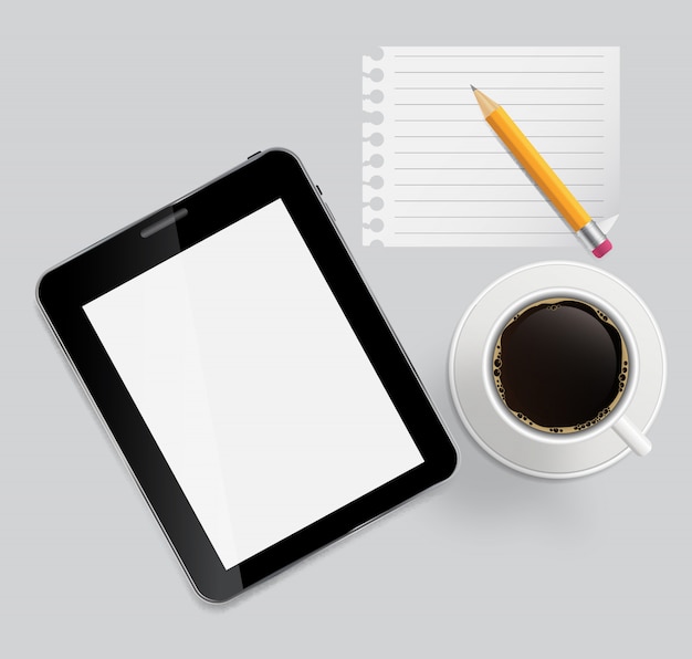 Tavoletta disegno astratto, caffè, matita, pagina vuota su schede Bac