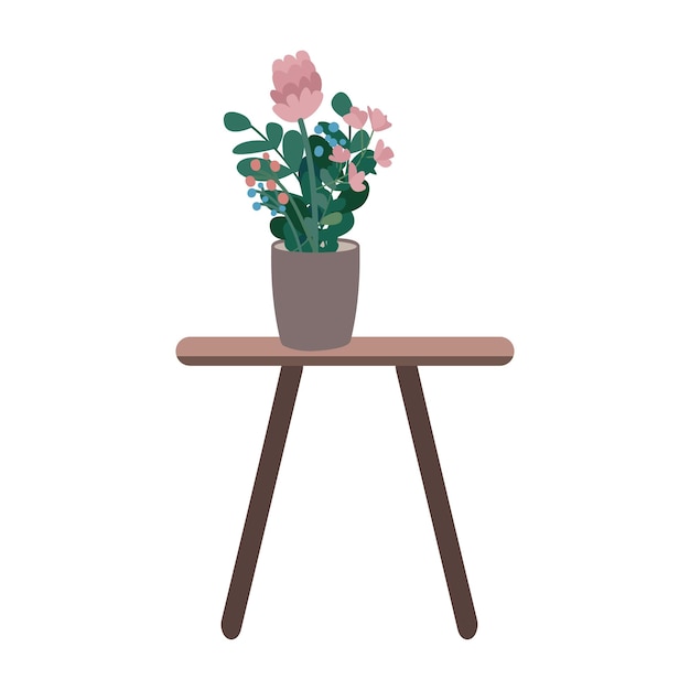 Tavolino da caffè con pianta d'appartamento semi piatto colore vettore oggetto Bellissimi fiori oggetto a grandezza naturale su bianco Pianta da fiore in vaso semplice stile cartone animato illustrazione per web design grafico e animazione