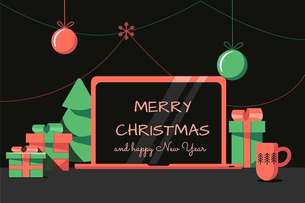 Tavolo da ufficio di Natale Un laptop con auguri di Capodanno sullo schermo regali e sfondo scuro