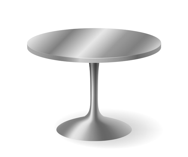 Tavolo rotondo realistico in metallo isolato. Tavolo grigio brillante dettagliato con ombra.