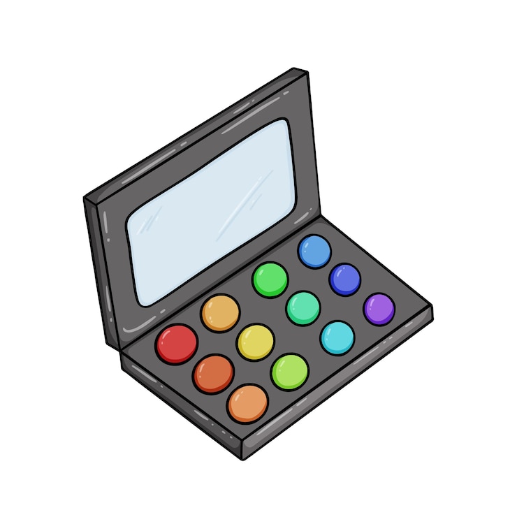 Vettore tavolozza con ombretti e cosmetici per il trucco a specchio doodle colorazione lineare dei cartoni animati
