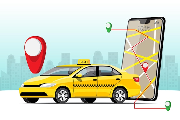 Taxi di consegna Condivisione di auto online con personaggio dei cartoni animati e smartphone Concetto di trasporto smart city, illustrazione