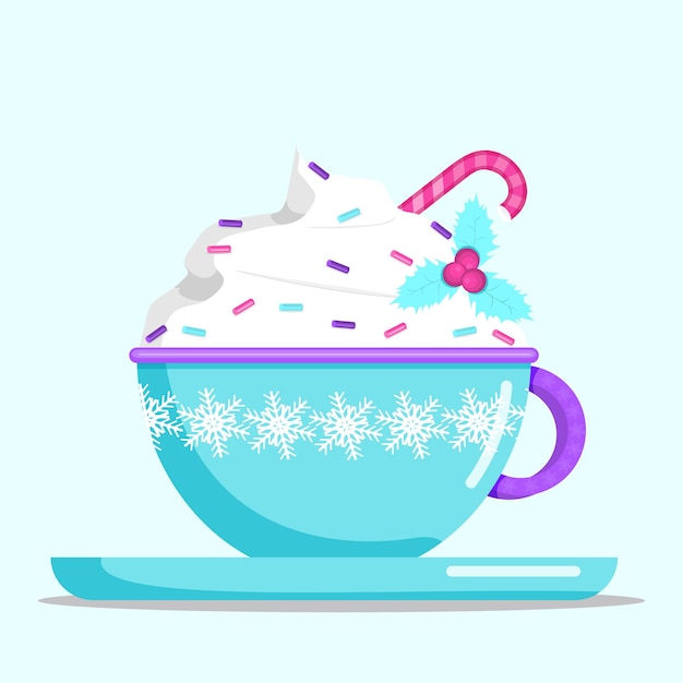 Tazza blu di cioccolata calda o caffè con panna montata e granelli. illustrazione vettoriale piatto.