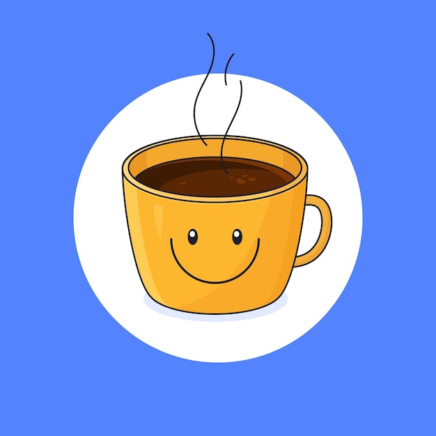 Tazza con disegno di emoticon sorriso con illustrazione di contorno di caffè caldo completo