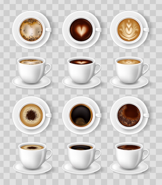 Tazza da caffè realistica. Cappuccino 3D, americano, espresso, cacao moka