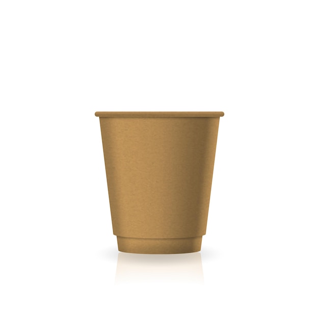 Tazza da caffè-tè in carta kraft marrone vuota in modello di mockup di piccole dimensioni. Isolato su sfondo bianco con ombra di riflessione. Pronto all'uso per il design del marchio. Illustrazione vettoriale.