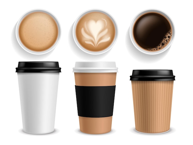 Tazza di caffè Bicchieri di carta da asporto vista laterale e dall'alto espresso e latte o cappuccino bevanda mattutina nella caffetteria bevanda calda in pacchetto bianco e marrone mockup vettore isolato set realistico