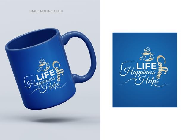 Tazza di caffè blu con disegno tipografico