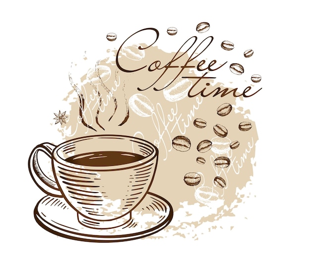 Tazza di caffè e chicchi di caffè su uno sfondo acquerello