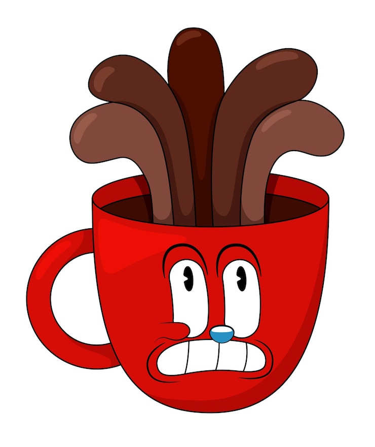 Vettore tazza di caffè rossa con caffè in stile fumetto comico
