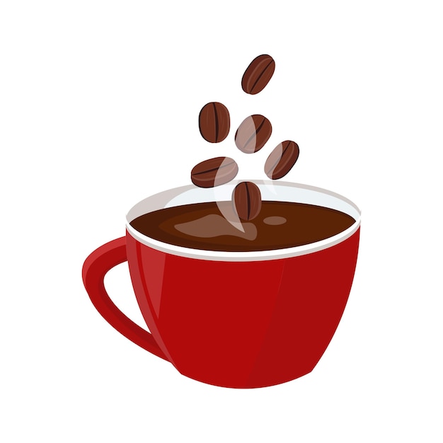 Tazza di caffè rossa con chicchi di caffè Illustrazione della tazza di caffè nel vettore