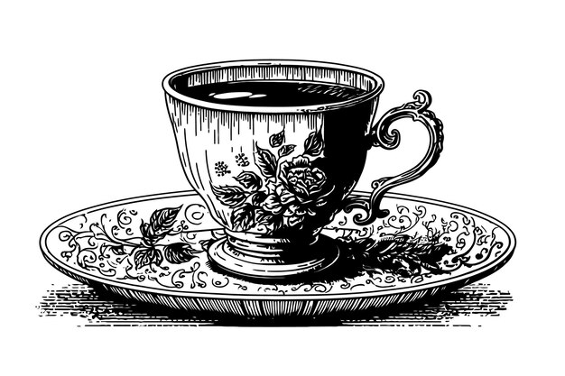 Tazza di caffè Tazza di caffè Colore nero in stile schizzo Illustrazione vettoriale