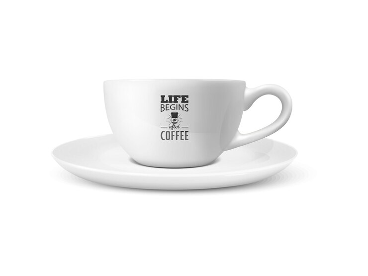 Vettore tazza di ceramica della porcellana bianca realistica di vettore 3d isolata su fondo bianco tazza di caffè del tè con la frase di citazione di tipografia sul modello di progettazione dell'illustrazione di riserva del caffè per la vista frontale del mockup