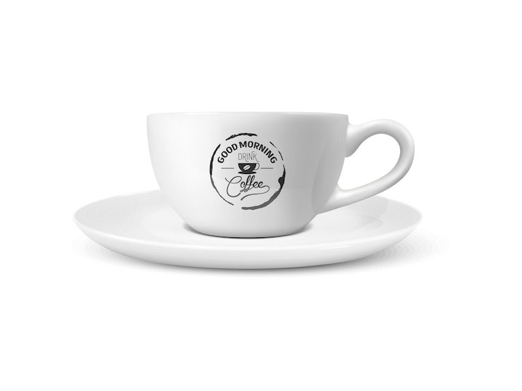 Vettore tazza di ceramica della porcellana bianca realistica di vettore 3d isolata su fondo bianco tazza di caffè del tè con la frase di citazione di tipografia sul modello di progettazione dell'illustrazione di riserva del caffè per la vista frontale del mockup